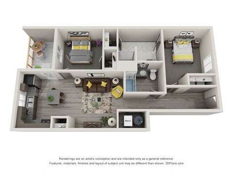 Floor plan for 2 beds, 2 baths, 979 sqft